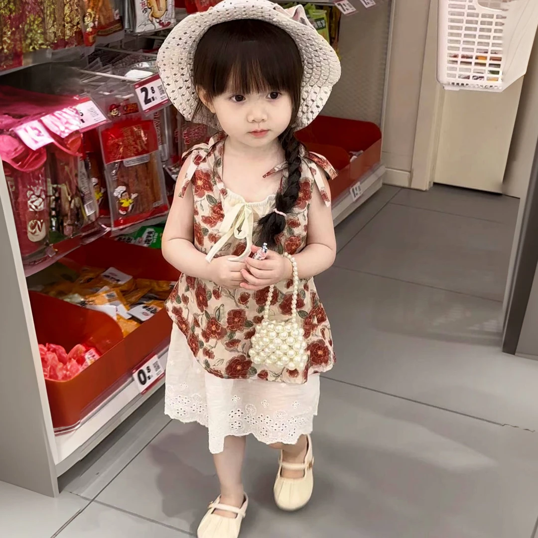 【送帽子】女童碎花吊带裙2024夏季新款儿童拼接连衣裙宝宝甜美裙子