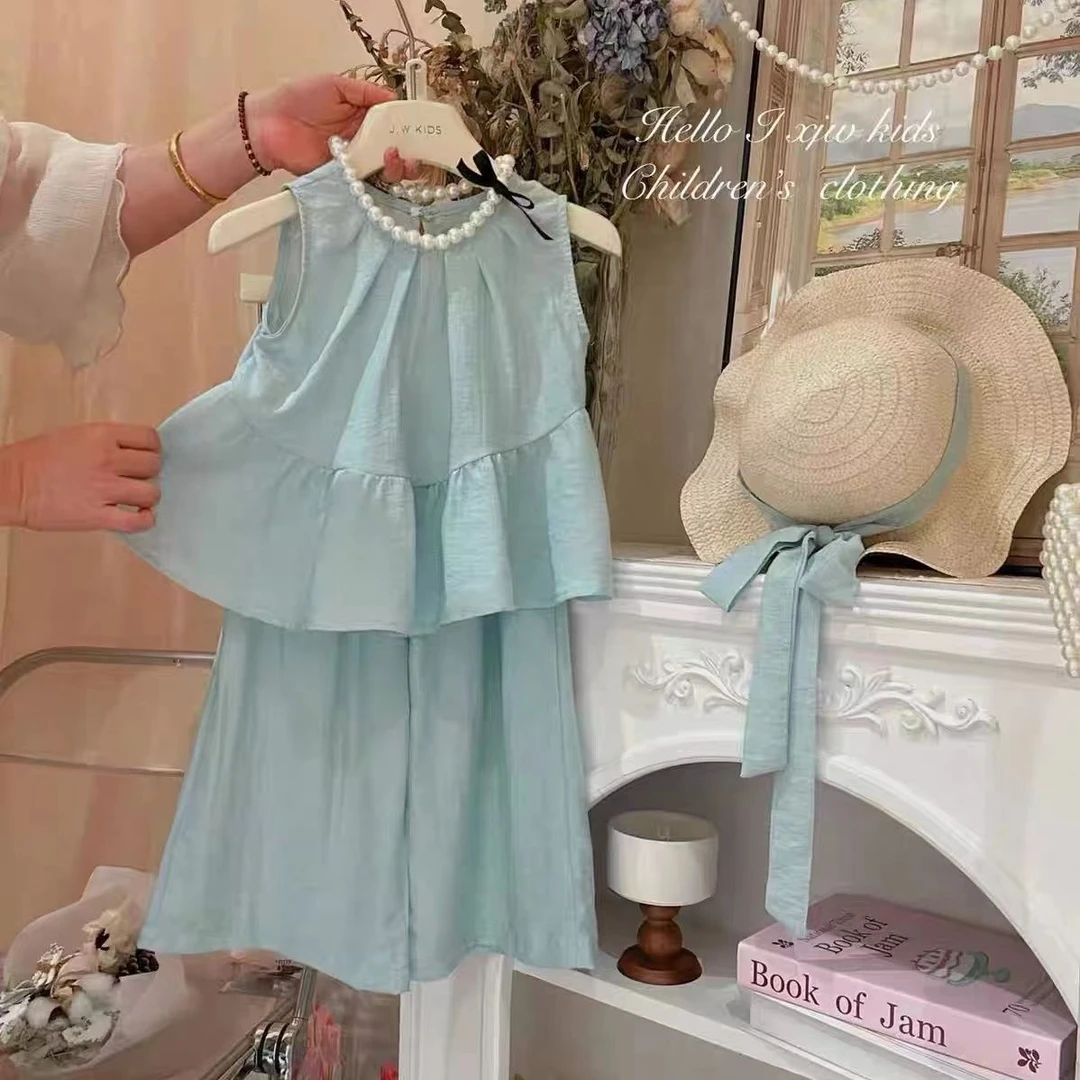 新款韩版洋气女童2024无袖套装夏季儿童娃娃背心阔腿裤两件套超仙