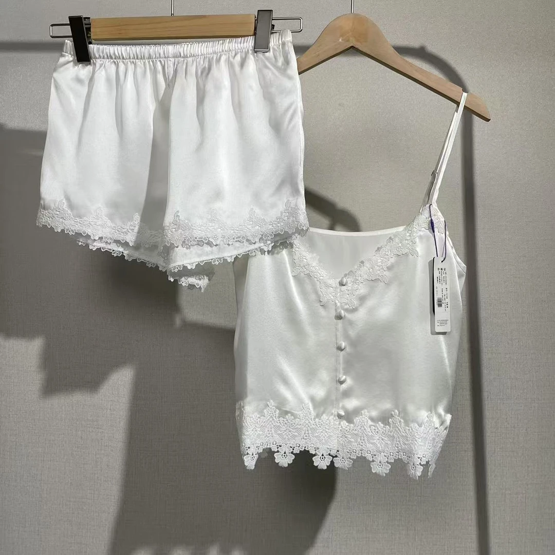 【双11炸】100%桑蚕丝重磅百分百蕾丝吊带短裤套装