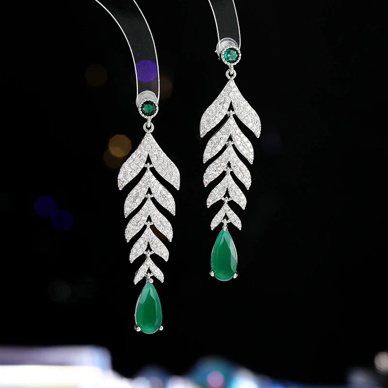 铜合金合成锆石耳饰 s925银针长款树叶流苏耳环女微镶满锆耳钉优
