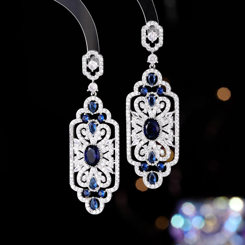 铜合金合成锆石耳饰 奢华高档新款植物花卉花朵耳饰欧美重工微镶