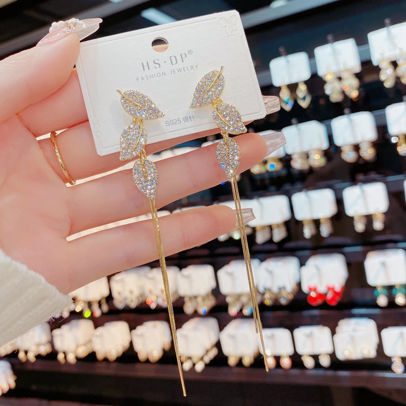 铜合金合成锆石耳饰 新款潮镶钻树叶长款两戴流苏耳坠网红