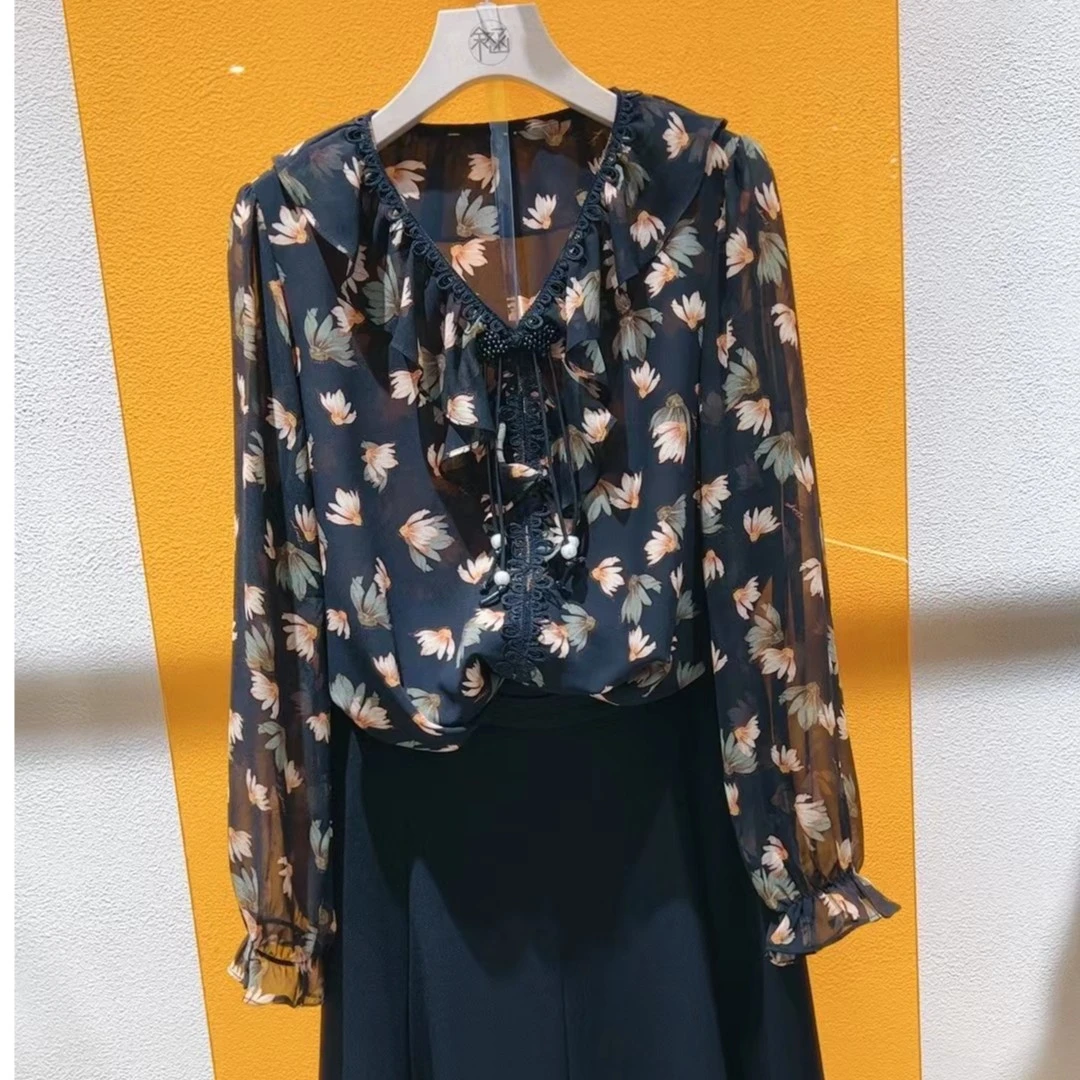 美红家9056时尚百搭碎花雪纺V领小衫】