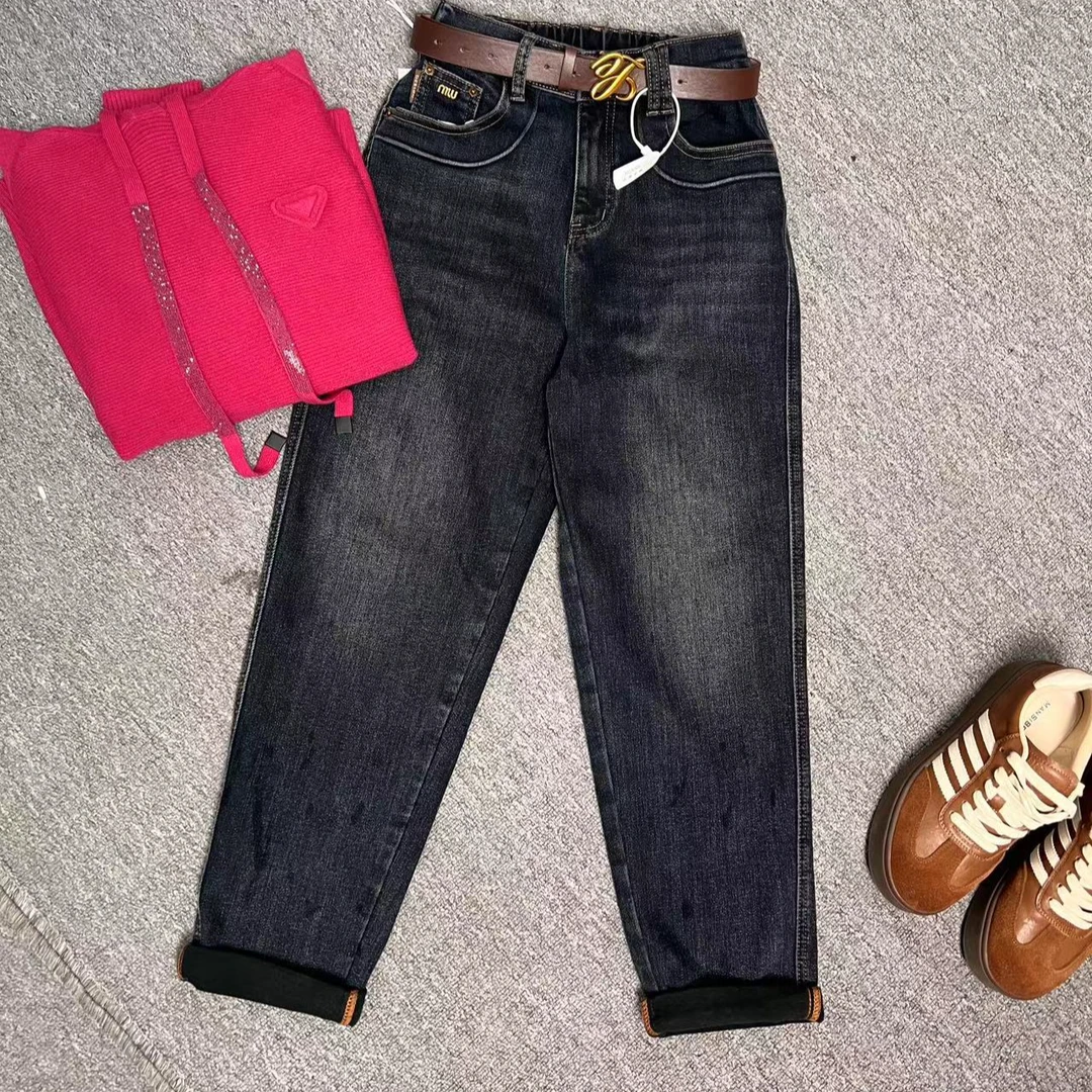 美红家   冬季中高腰加厚加绒显瘦带弹力老爹牛仔裤