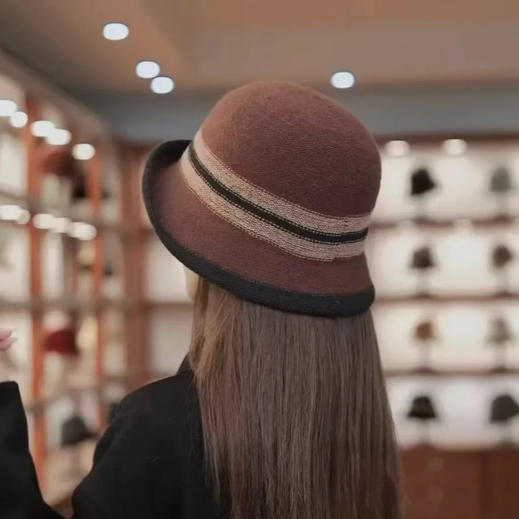 秋冬羊法式拼色卷边渔夫帽时尚百搭礼帽