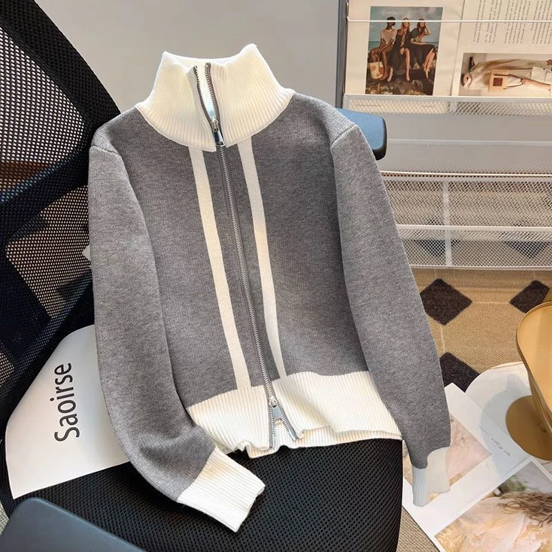8815撞色针织外套女慵懒风拉链开衫2024秋季新款宽松洋气上衣女