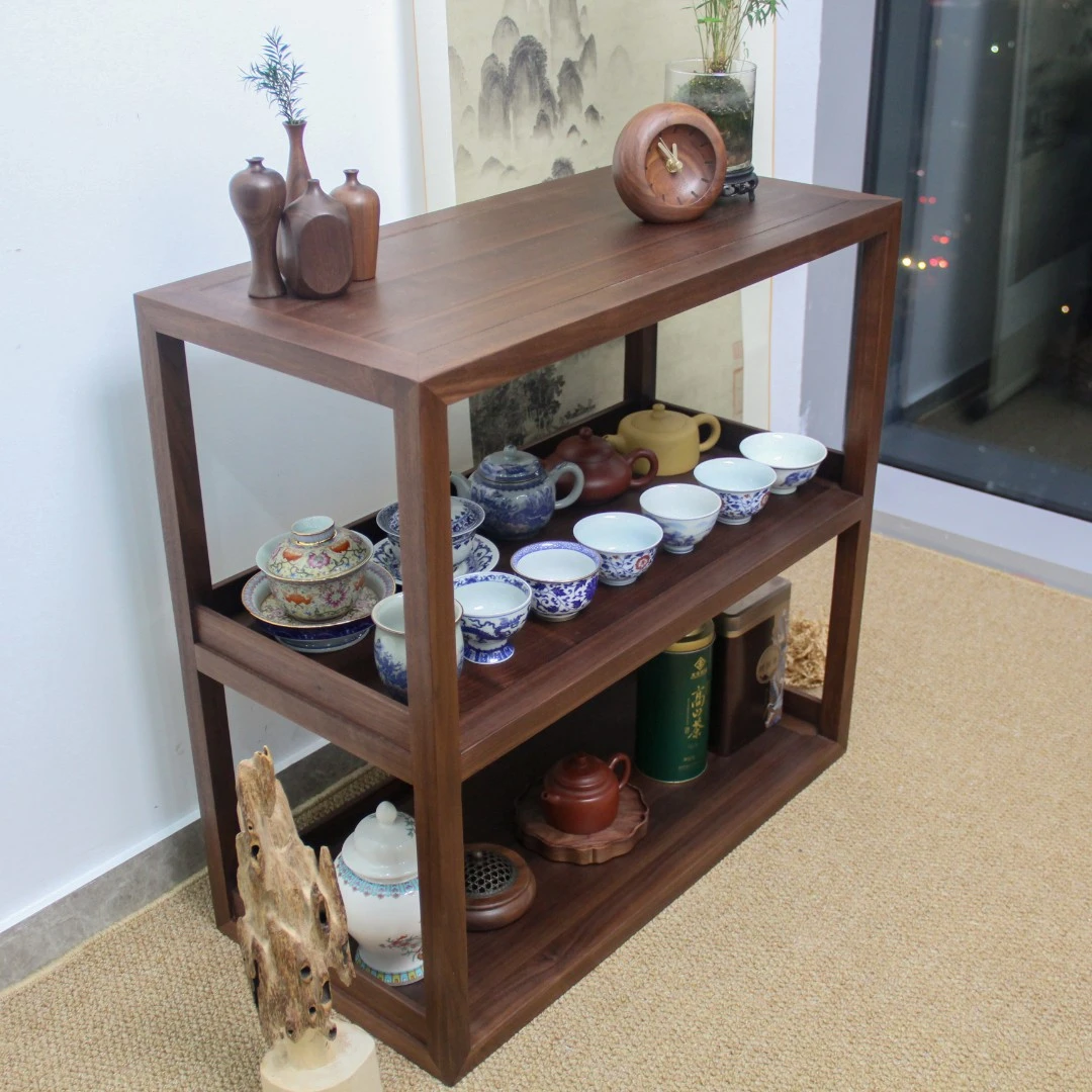 【小边柜】黑胡桃展示架多层茶架落地新中式茶柜收纳置物柜泡茶桌