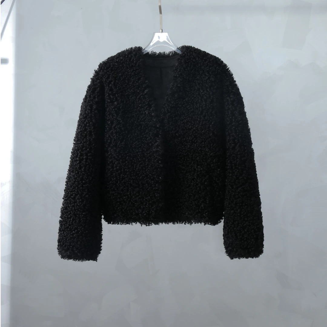 海宁2024冬季新款一体托卡卷外套女宽松时尚简约皮毛短款904