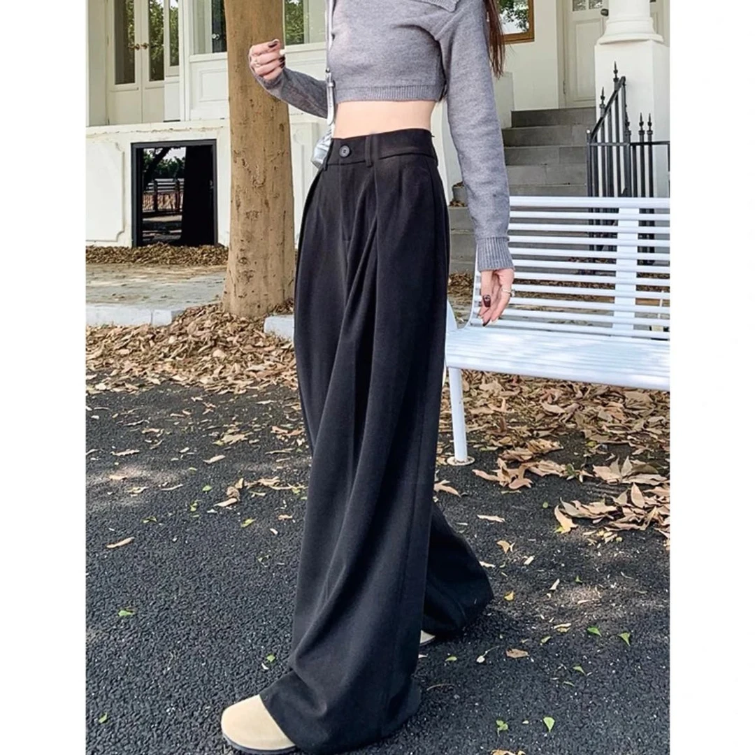 【加绒】秋冬韩版高级感休闲显瘦百搭垂感高腰休闲阔腿裤9421#0.1