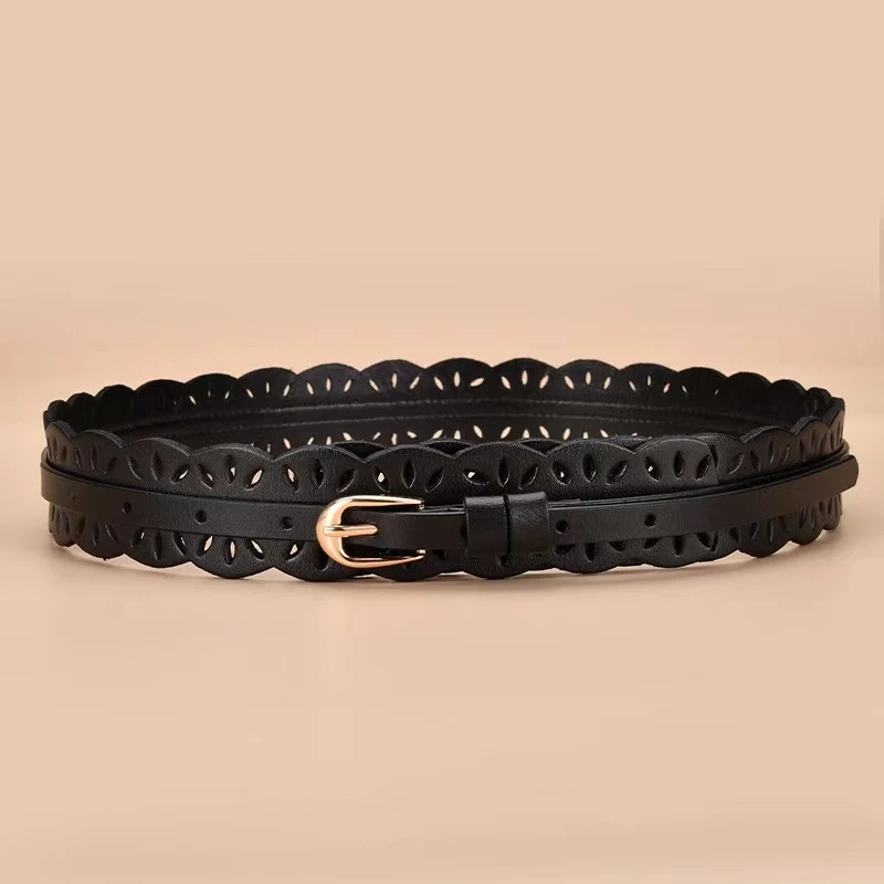 2024新款宽边韩系百搭衣裙镂空花边牛皮腰带女士腰带