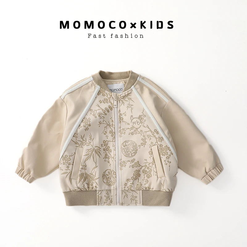 MOMOCO 春季男童新中式皮衣百搭印花春秋夹克时尚外套75580107001