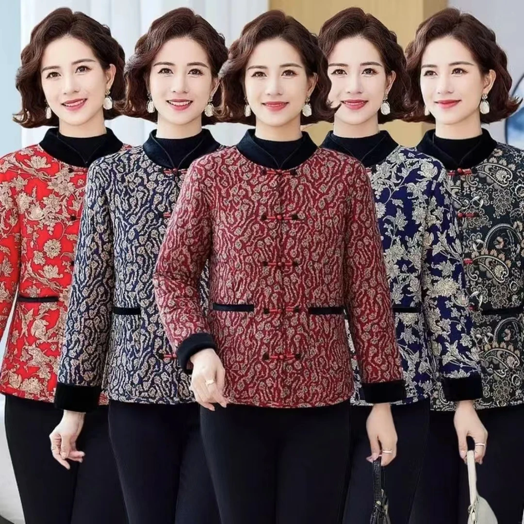 中老年女士国风立领民族风盘扣妈妈棉服时尚百搭亲肤保暖花棉袄