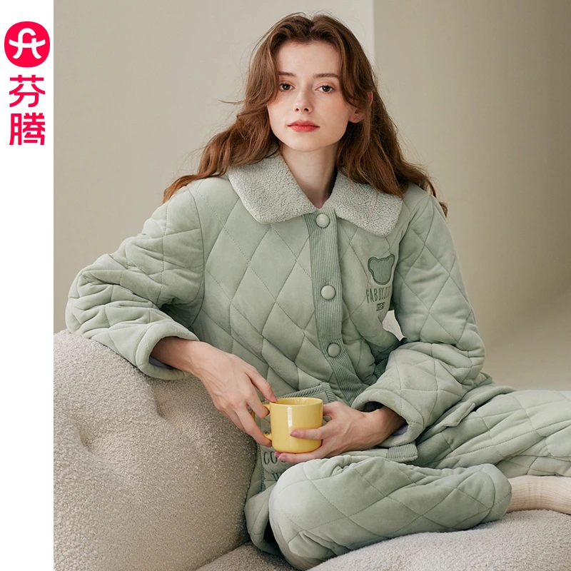 芬腾女士冬季睡衣三层加厚法兰绒夹棉袄套装珊瑚绒加绒家居服Y