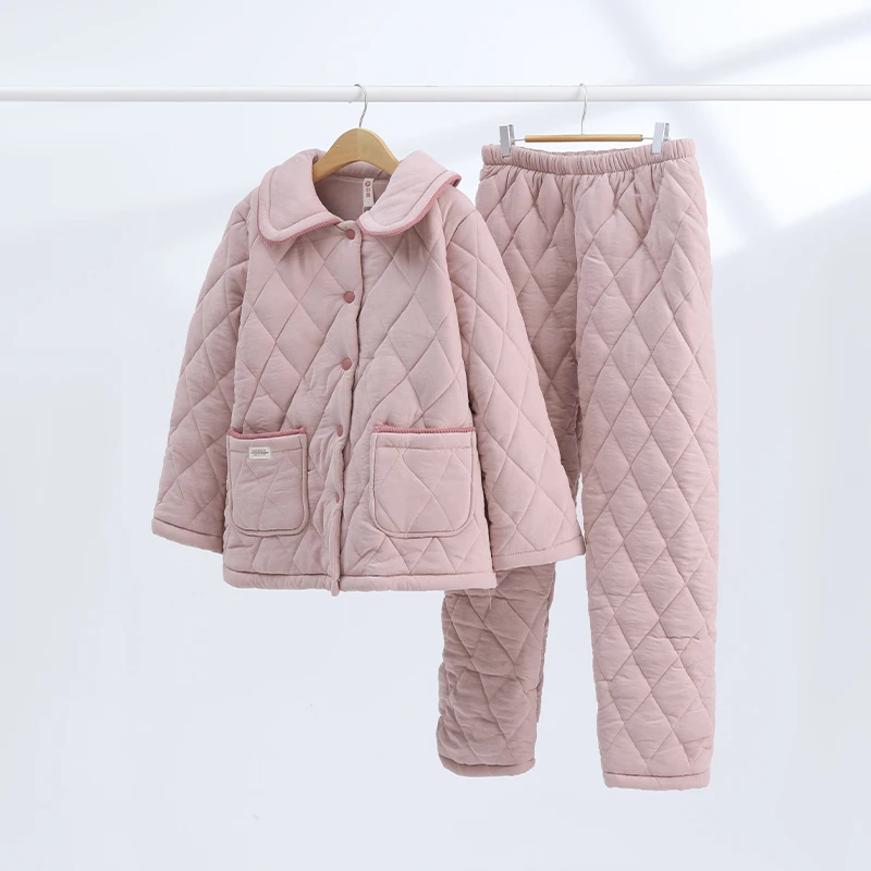 芬腾女士睡衣秋冬季天2024新款加绒加厚三层夹棉套装珊瑚绒家居服