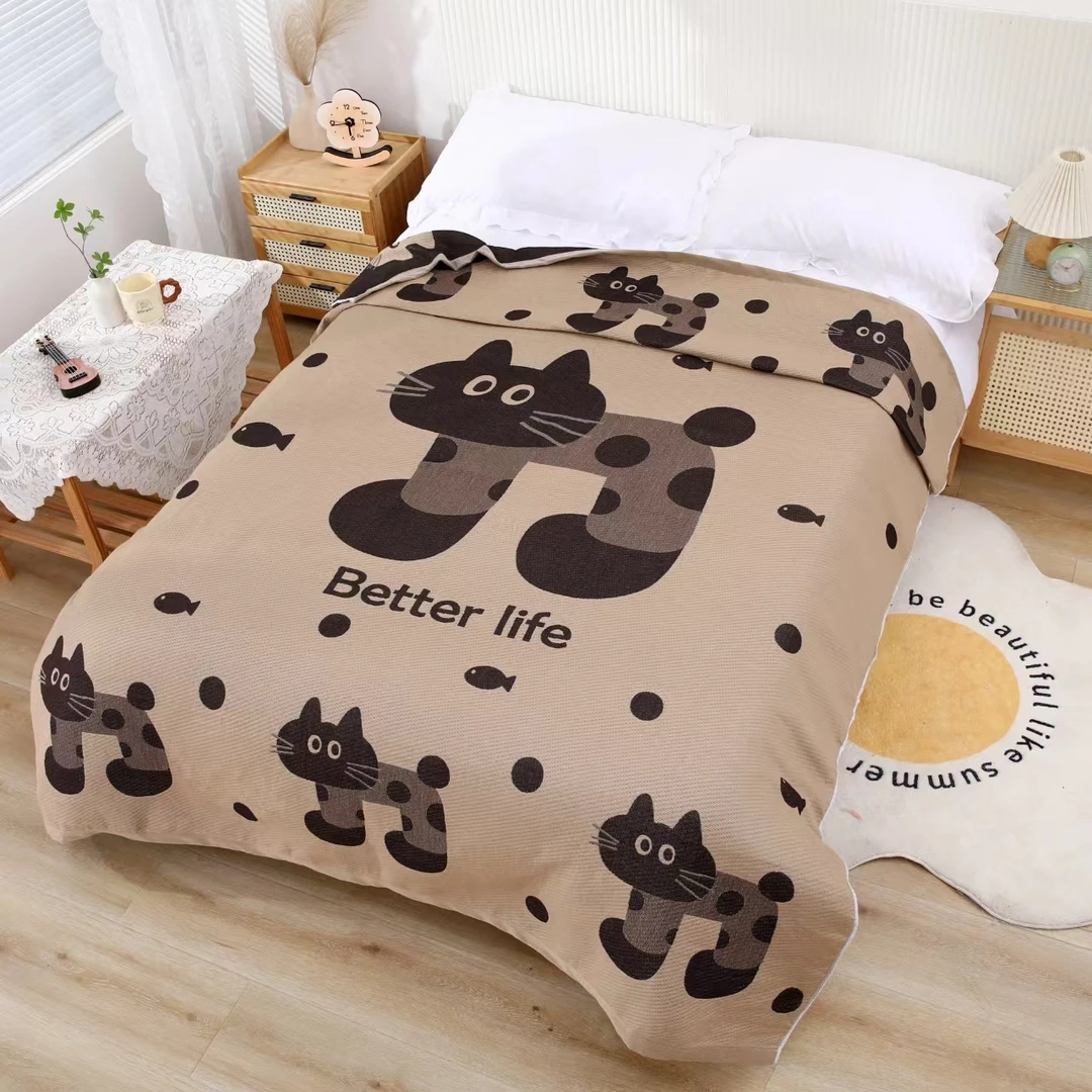 【短尾猫】 150cm x 200cm 多功能色织色织棉纱纱布床盖
