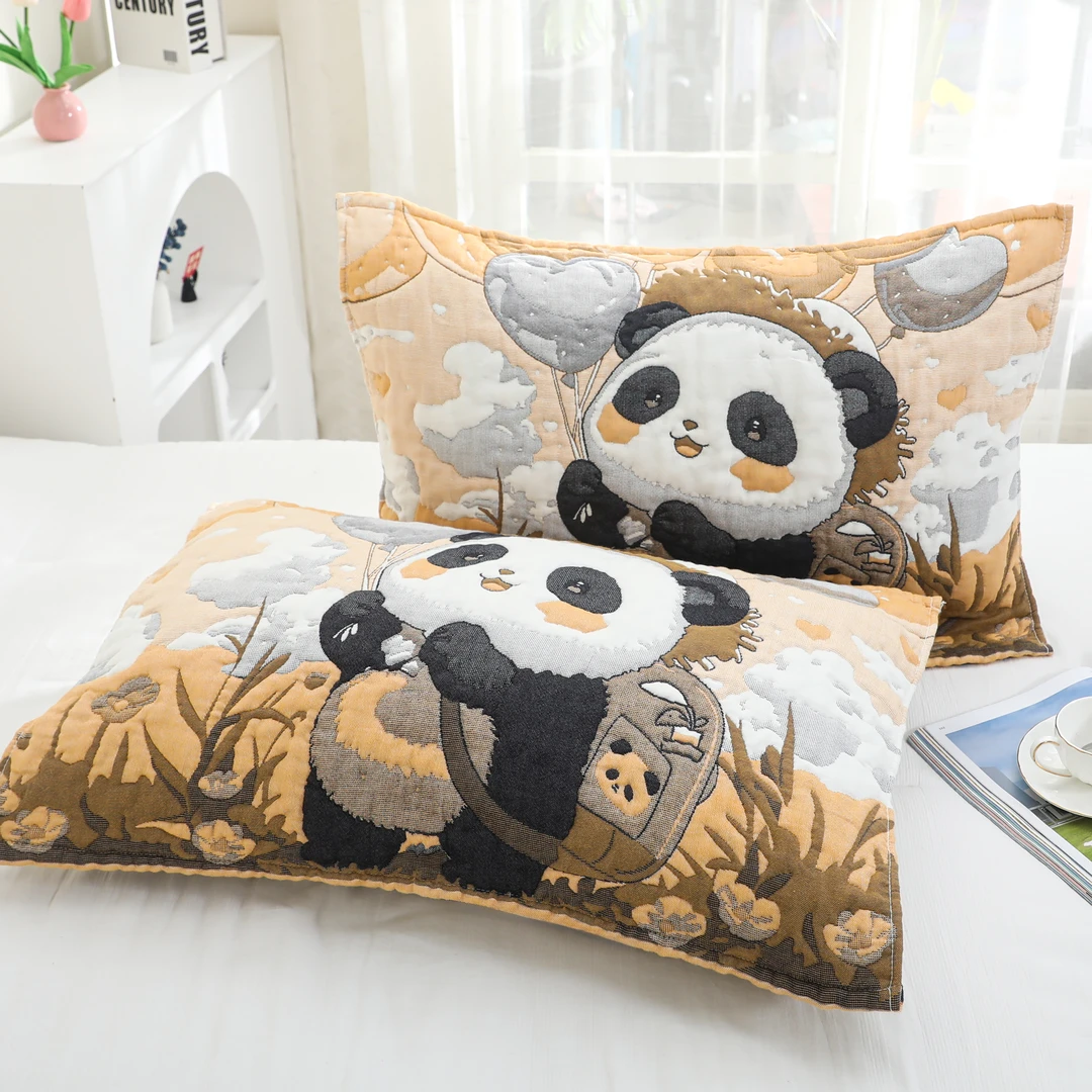 【背包熊猫枕巾】 52cm*78cm多功能色织棉纱纱布枕巾一对装