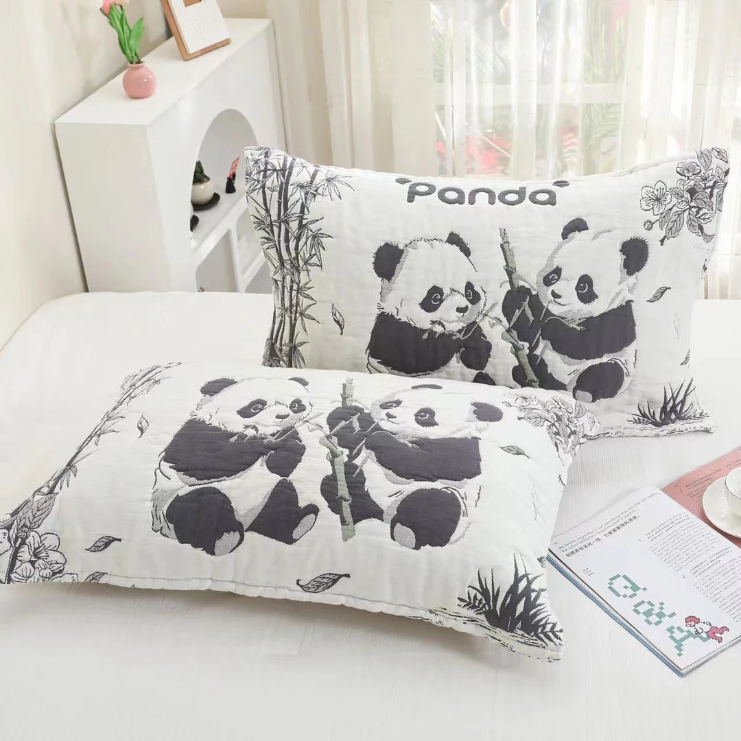 【水墨熊猫枕巾】 52cm*78cm色织多功能棉纱纱布枕巾一对装