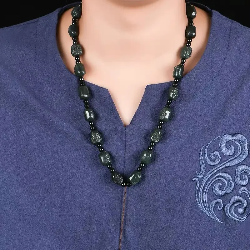 新疆和田玉青玉细料和田玉十八罗汉项链珠链男女款玉挂链挂绳