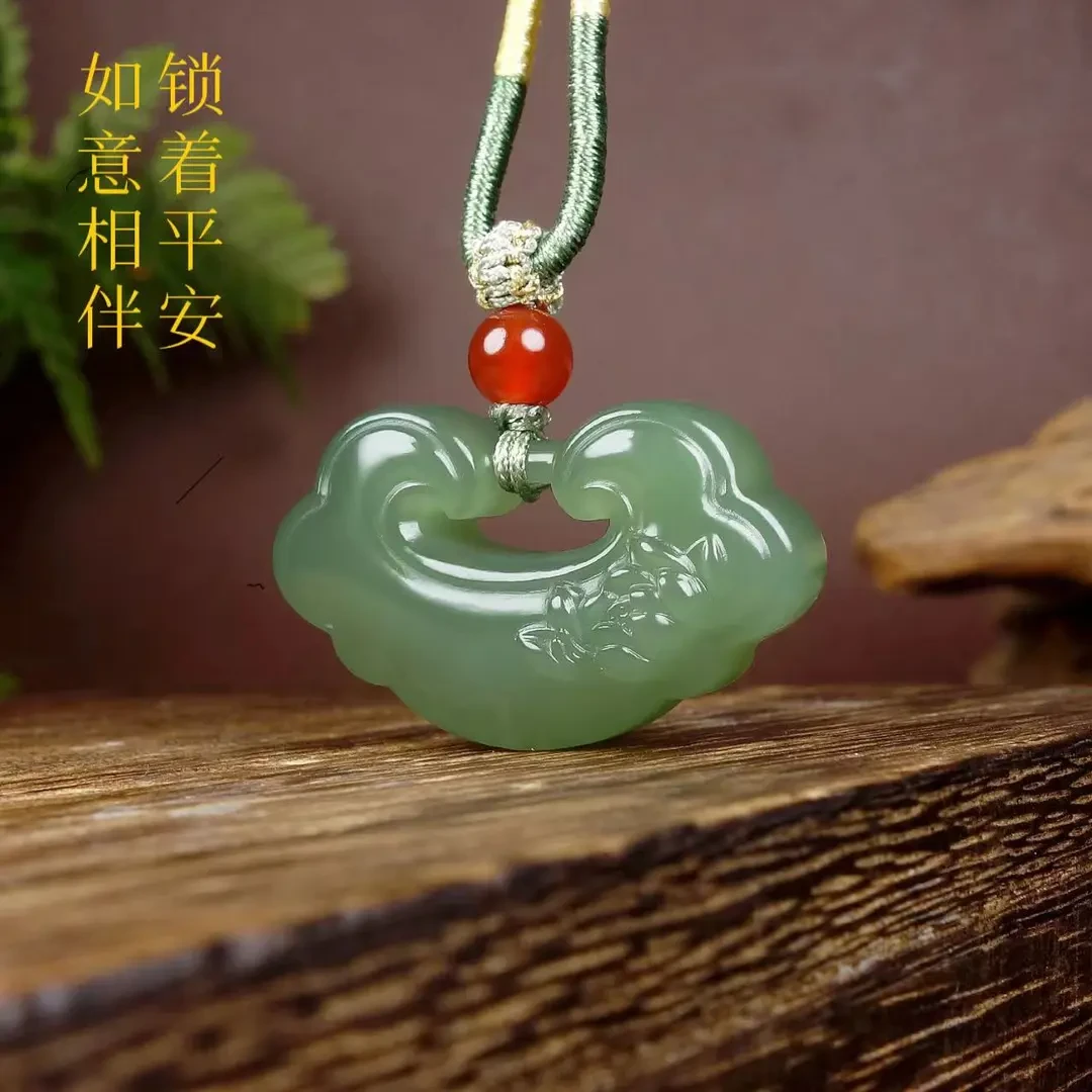 天然和田玉莲花平安如意锁吊坠玉锁花开富贵女玉佩玉石项链中国风