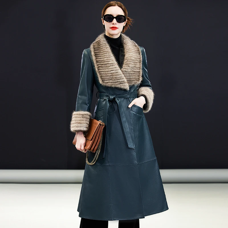 高奢真皮羽绒服女修身中长款冬装新款水貂毛领绵羊皮保暖外套潮
