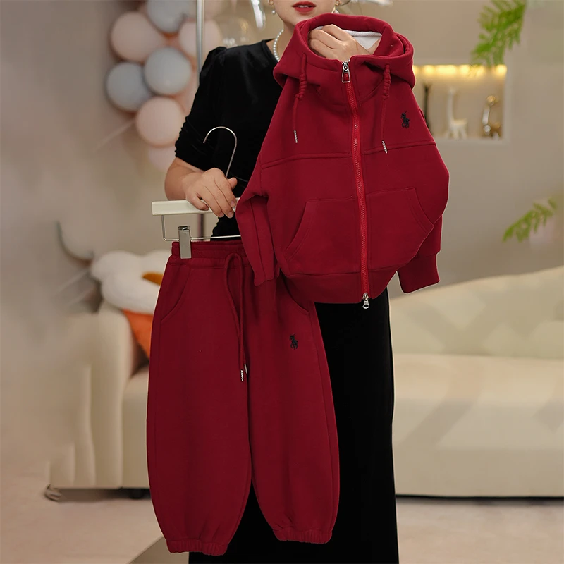 女童春秋加厚套装2025新款中大童洋气休闲卫衣加厚安哥拉红两件套