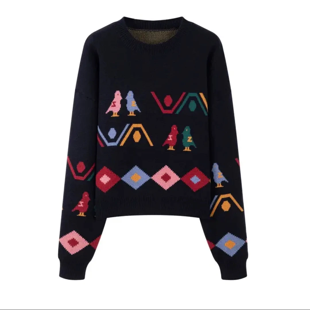 A1703藏蓝色长袖针织毛衣女秋冬新款菱格卡通图案宽松休闲上衣