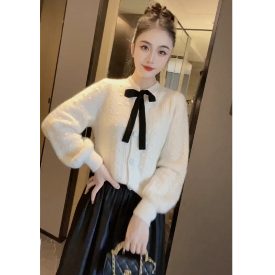洋洋严选-法式赫本风蝴蝶结绑带单排扣设计长袖开衫外套 YY68095