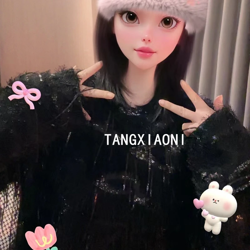 加长加大版   最近非常火的一款流苏亮片毛须须上衣