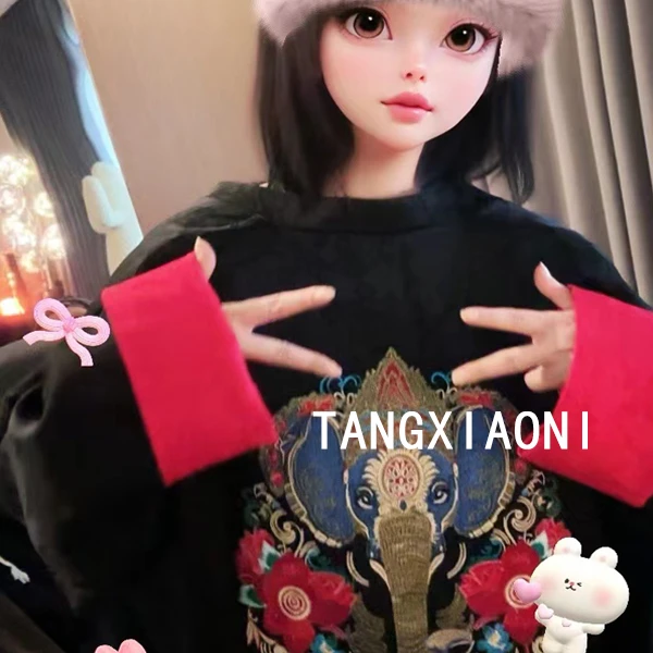 加长版【 刺绣七彩象】重磅夹棉外套潮牌女装