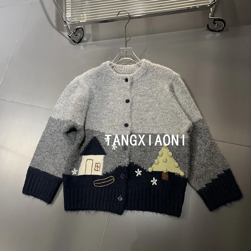 手工版 灰渐变小房子开衫