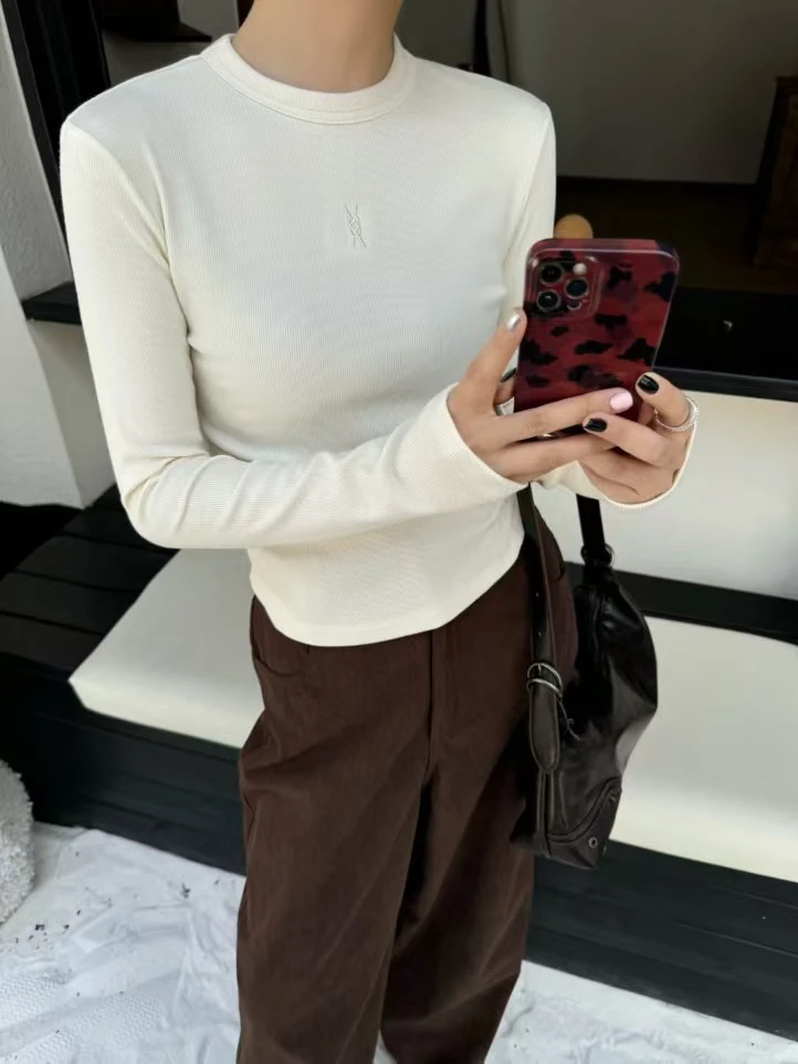 新款加绒打底 高腰刺绣百搭基础打底T恤