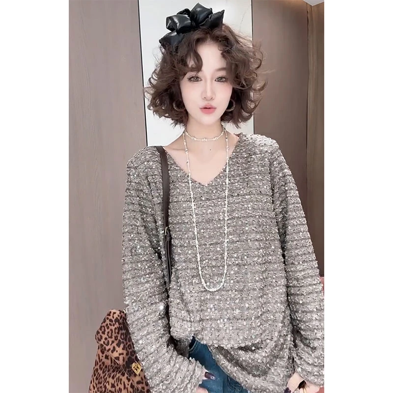 轻奢高级感宽松V领亮片加绒衬衫欧洲站2024秋冬新款气质别致上衣