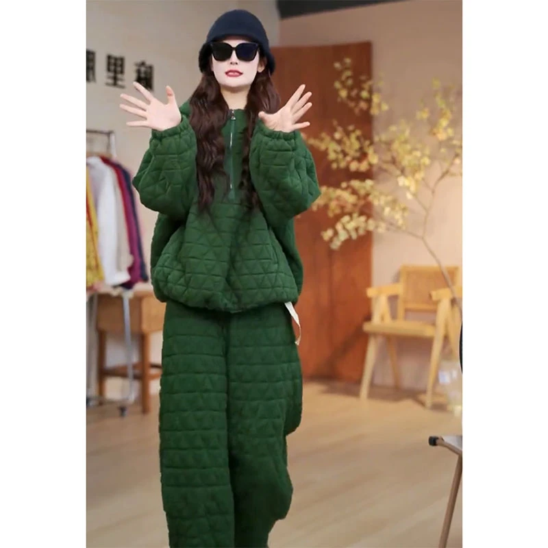 欧洲站2024秋冬新款洋气百搭显瘦半拉链上衣高腰纯色休闲裤两件套