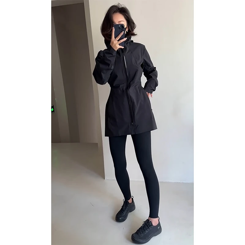 韩版百搭收腰显瘦连帽外套女欧洲站2024秋季新款洋气中长款上衣