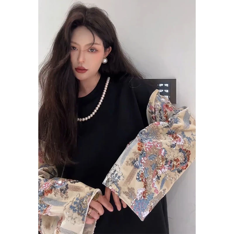 新中式国风拼接圆领卫衣女欧洲站2025秋季新款时髦独特宽松上衣潮