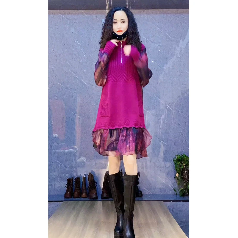 秋季新款洋气时尚拼接针织衫不规则假两件宽松百搭个性显瘦毛衣