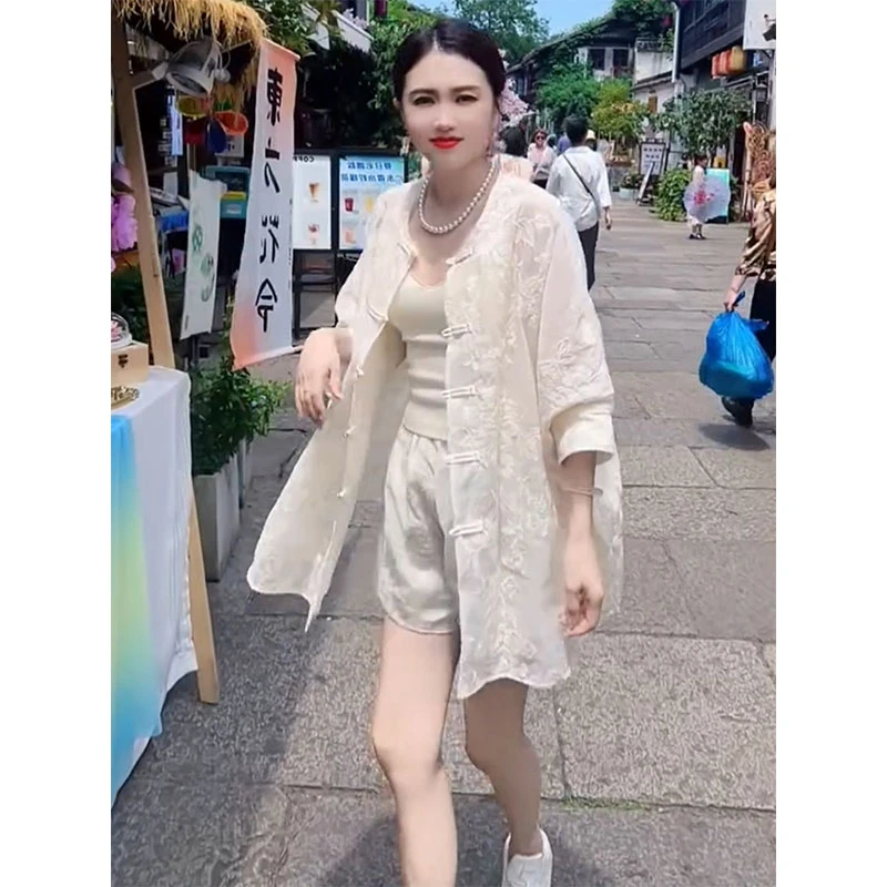 欧洲站2025夏季新款高级感宽松盘扣中长款衬衫百搭短裤纯色两件套