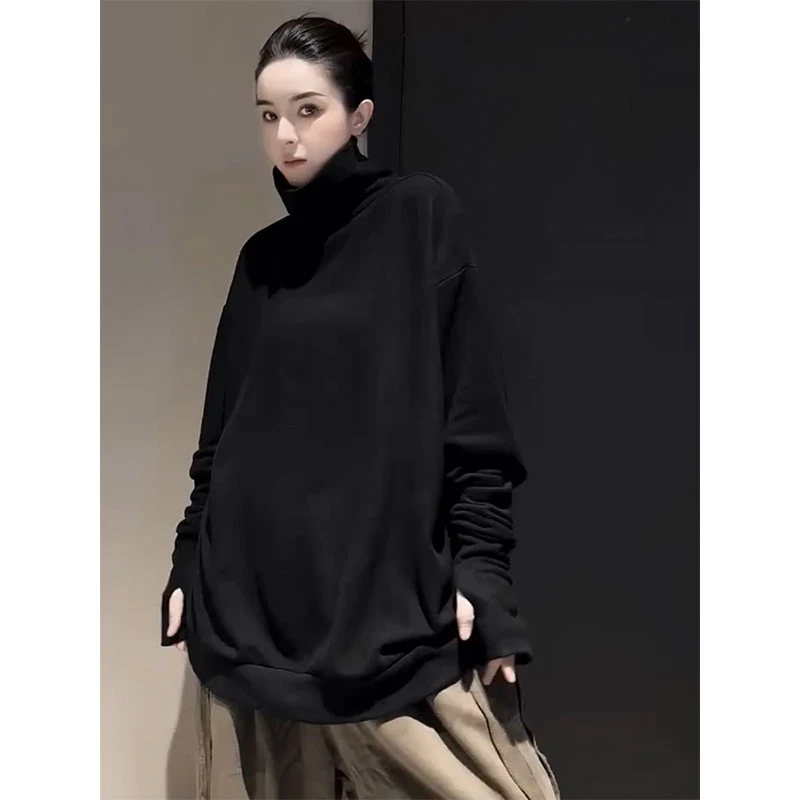 韩版百搭宽松中长款高领T恤女欧洲站2025秋季新款时尚纯色上衣潮