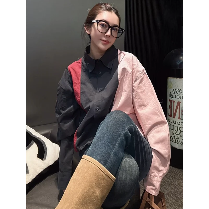 小众设计宽松拼色polo领衬衫女欧洲站2025秋季新款韩系百搭上衣潮