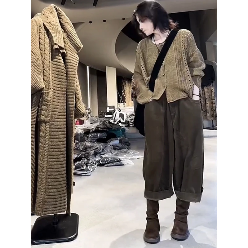 欧洲站2024秋季时尚新款洋气百搭显瘦单排扣毛衣女高腰咖色裤子潮