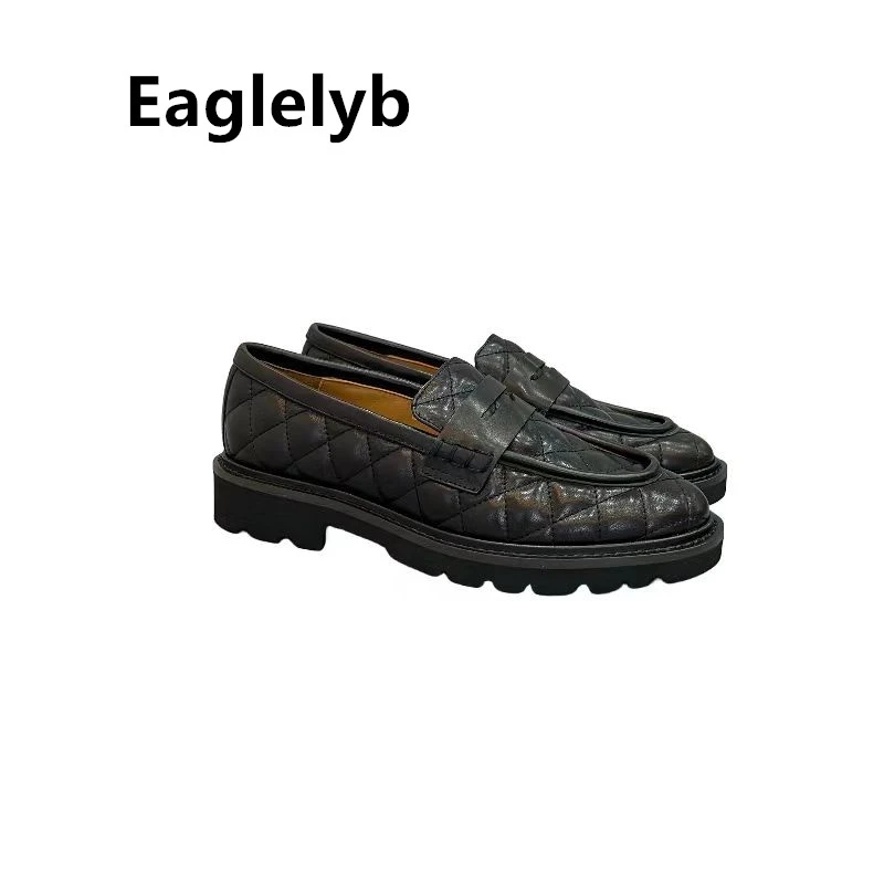 Eaglelyb新款女士 黑色 真皮休闲鞋 格纹 时尚 春秋 英伦风乐福鞋
