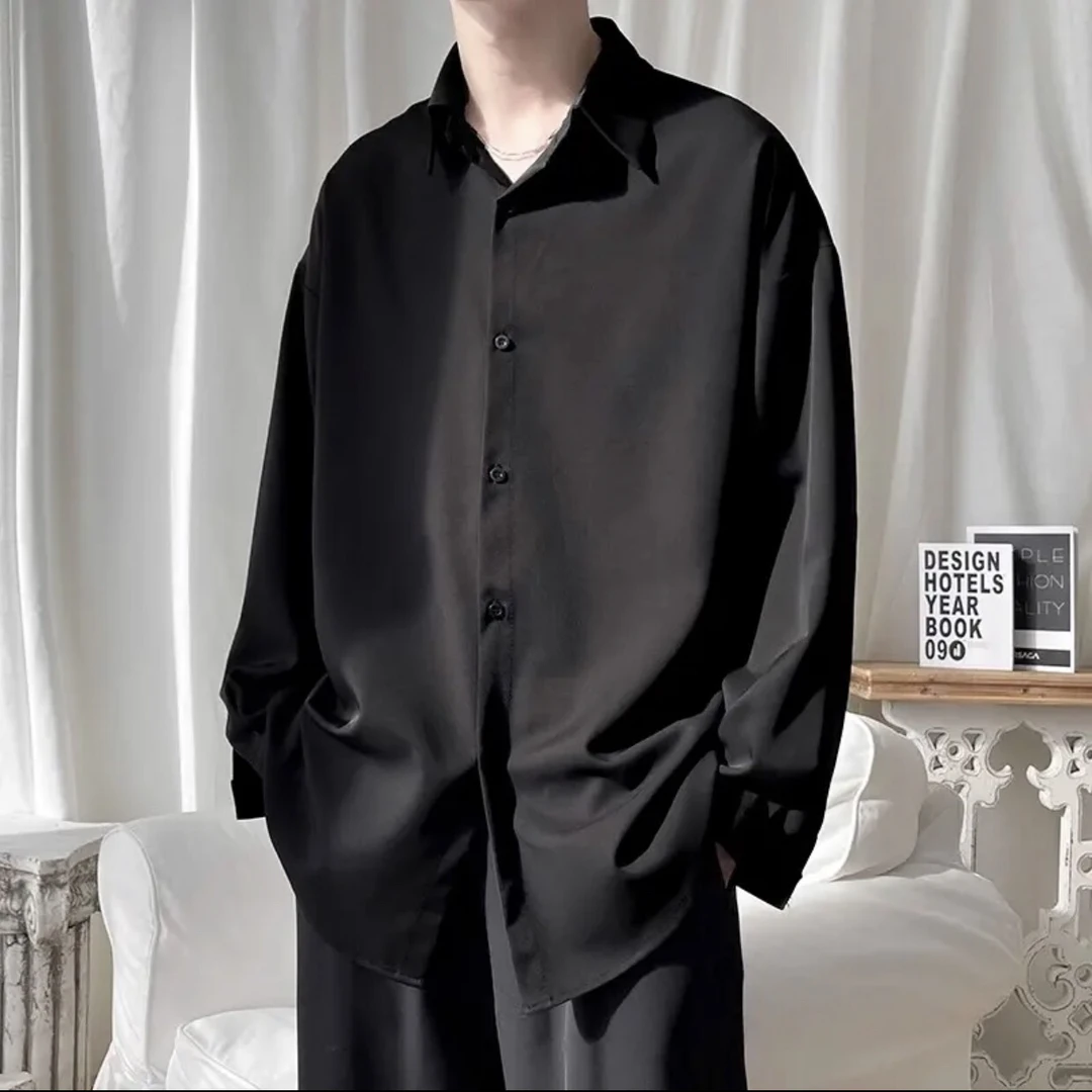 春秋新款高级垂感宽松大码冰丝白衬衣黑色衬衫男痞帅潮流休闲长袖