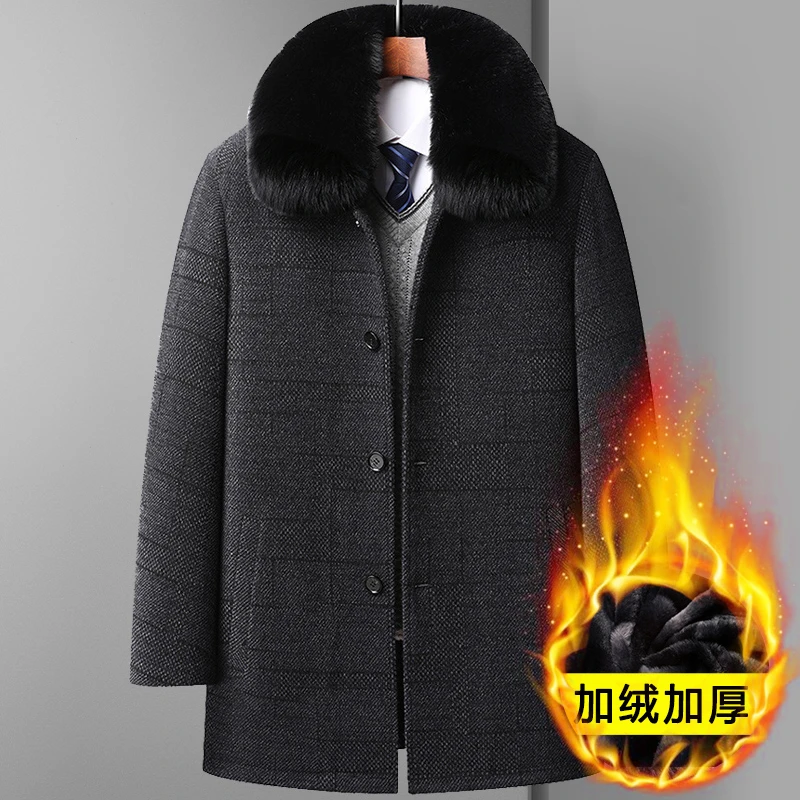 冬季男士毛呢外套中老年人加绒加厚雪尼尔呢子大衣爸爸装保暖上衣