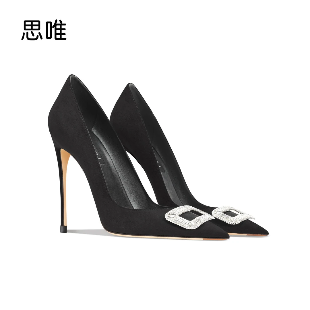 思唯黑色绒面水钻方扣浅口高跟鞋女2025年新款细跟性感百搭细高跟