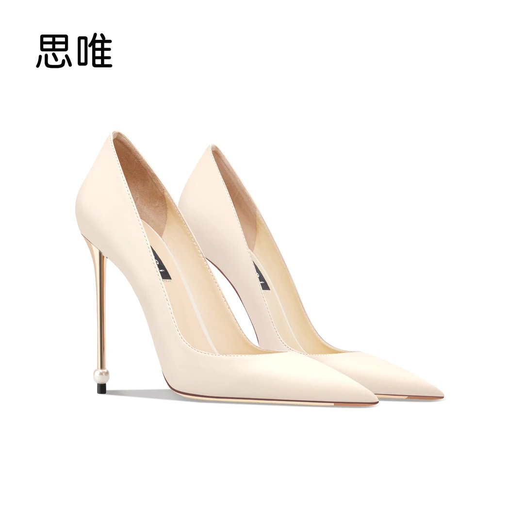 软皮米白色珍珠高跟鞋女2025年新款尖头细跟高跟鞋女不累脚高级感