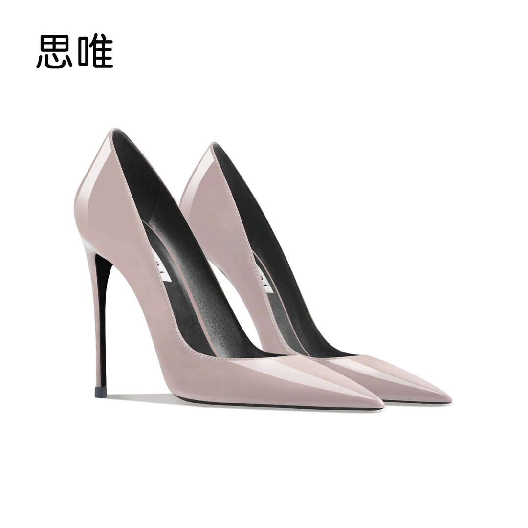 大象灰色漆皮2024年新款细跟高跟鞋尖头浅口名媛气质法式通勤单鞋