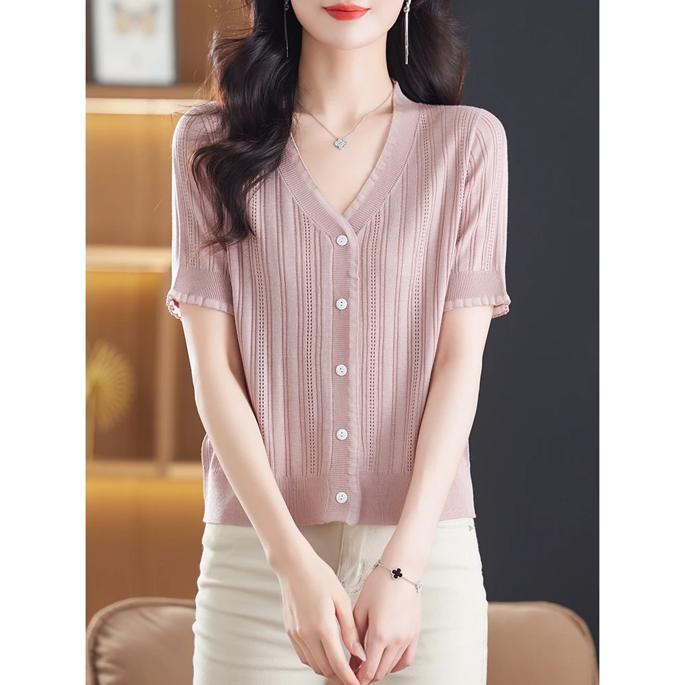 打底冰丝夏季冰丝开衫短袖薄t恤女士v领针织衫宽松显瘦短款上衣