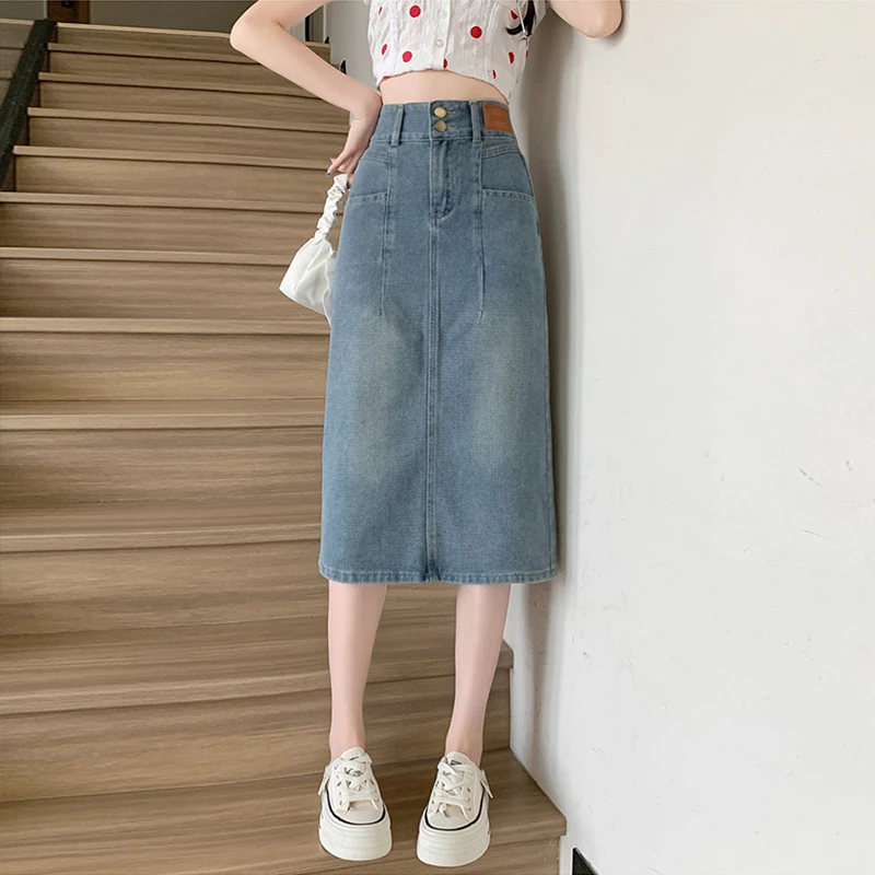 2025春季新款开叉双扣半身裙显瘦A字包臀裙高腰拼接女中长款裙子