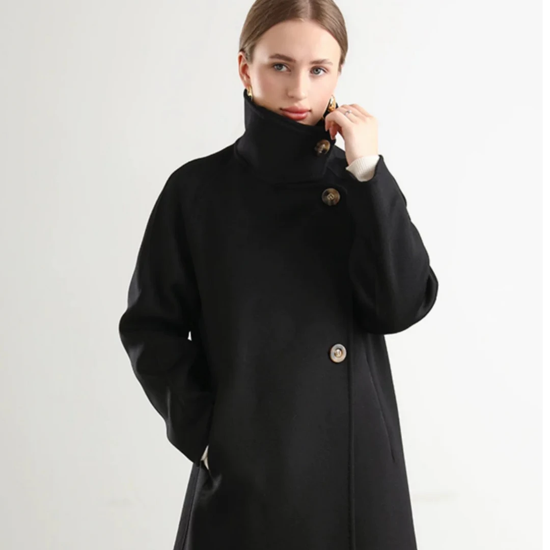 【LILI穿搭】立领黑色双面羊毛大衣