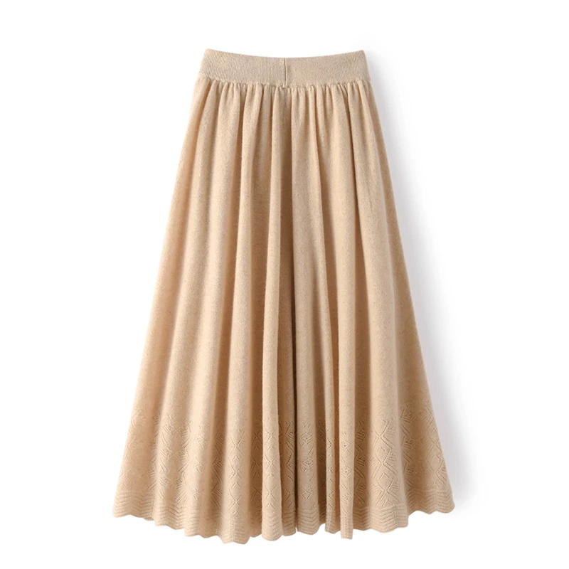 秋冬新款羊绒百褶裙女镂空松紧腰波浪纹显瘦针织中长款A字羊毛裙